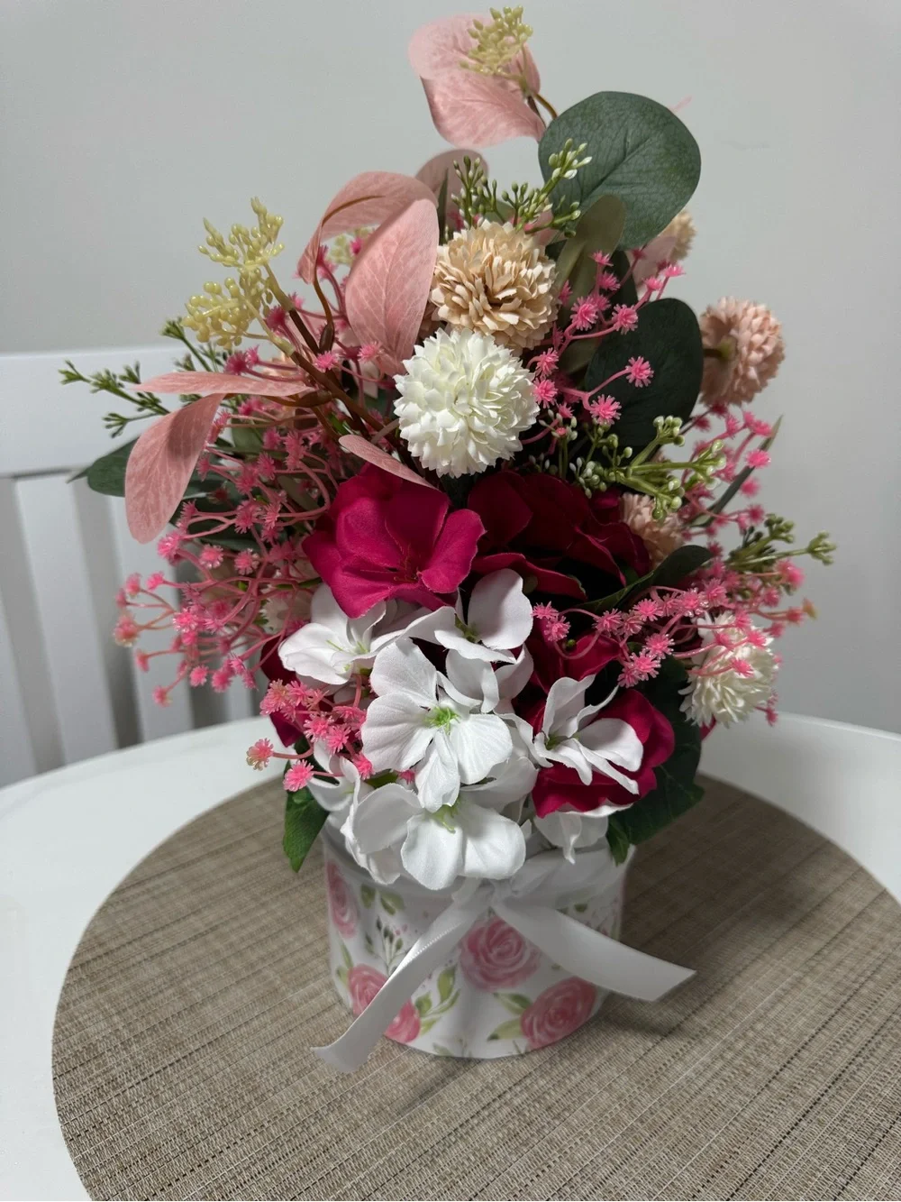 Pink & White Floral Arrangement in Decorative Hatbox